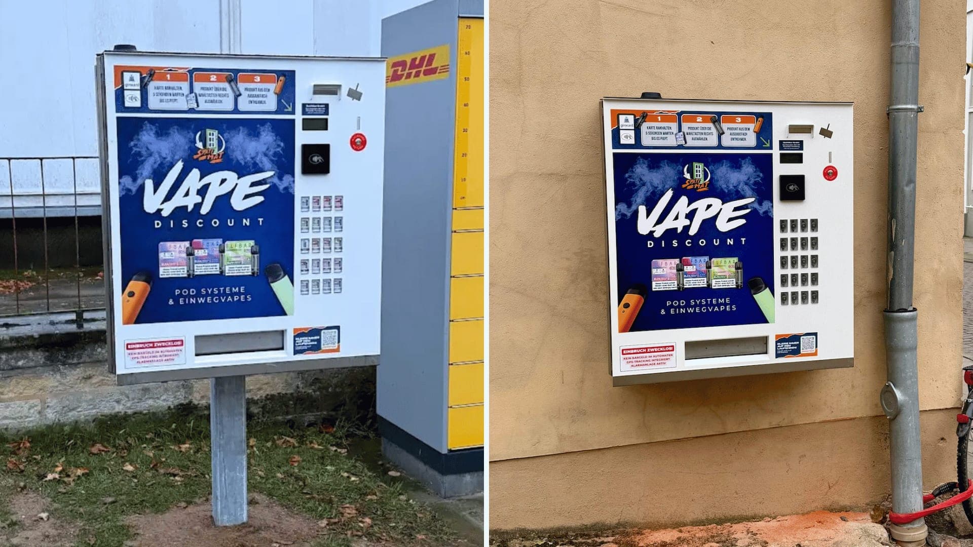 SpätiMat Vape-Automaten mit Altersverifikation an zwei Außenstandorten: freistehend auf Standfuß und wandmontiert